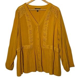 Lane Bryant Boho Blouse Women’s 24 Yellow Mustard V-Neck Button Up Lace Shirt